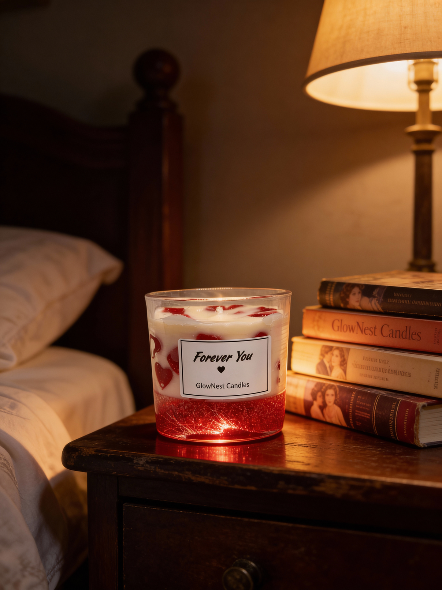 GlowNest "Forever You" Valentine's candle with red hearts and glitter base on a rustic wooden nightstand next to vintage books and a glowing lamp.