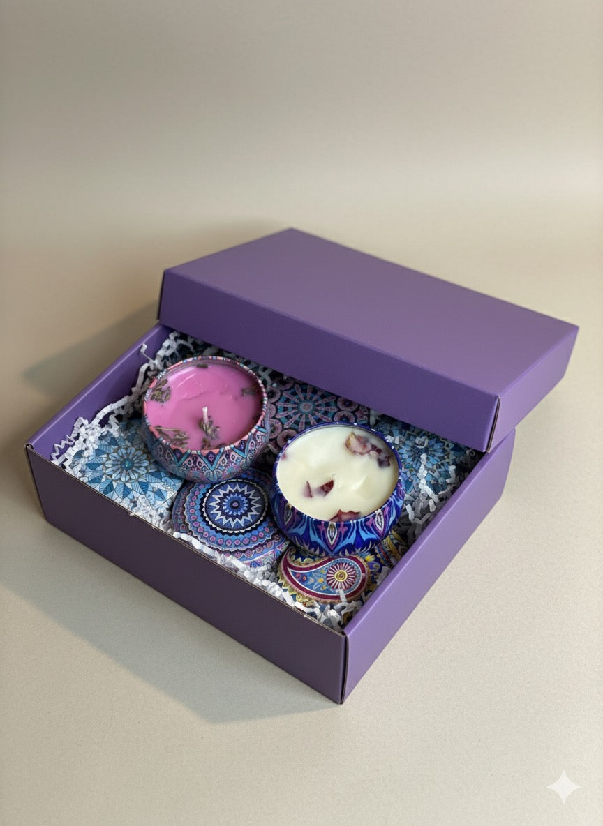 Mystic Blooms" Mandala Tin Scented Candle Gift Set (Set of 6) | Hand-Poured Soy Wax, Ready-to-Gift Purple Box