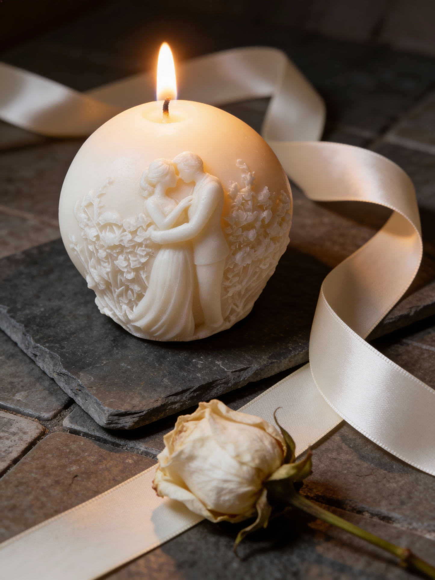 A hand-carved anniversary candle featuring a sculptural couple silhouette, glowing on a rustic wooden table scattered with red rose petals and warm fairy lights