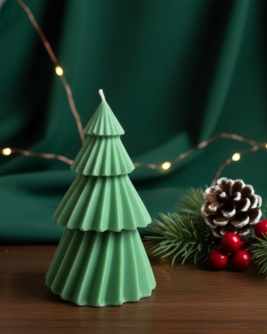 Green Fluted Christmas Tree Candle - Holiday Home Decor, Evergreen Scented Candle