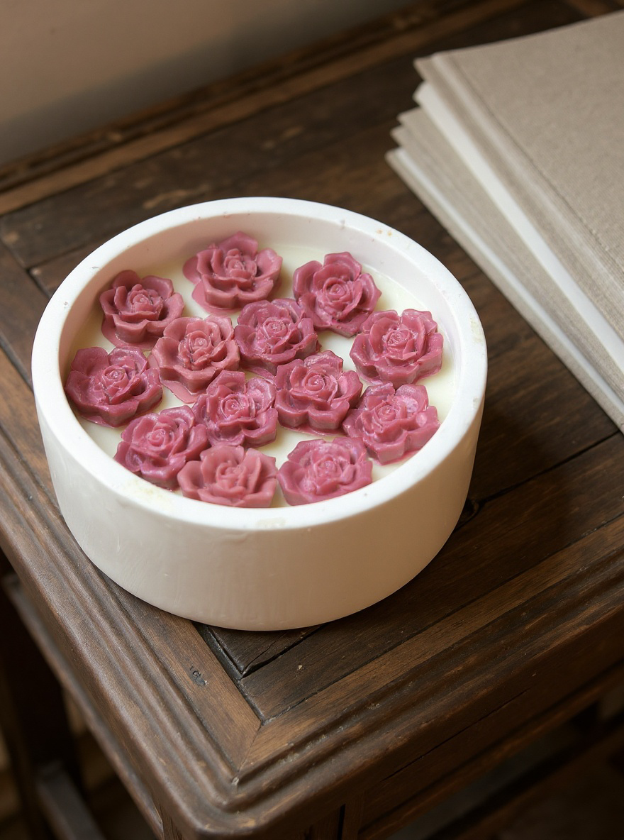 Unlit Ivory Rose decorative candle in a white round ceramic bowl, styled next to a brass lamp and folded white towels for bedside or bath décor."