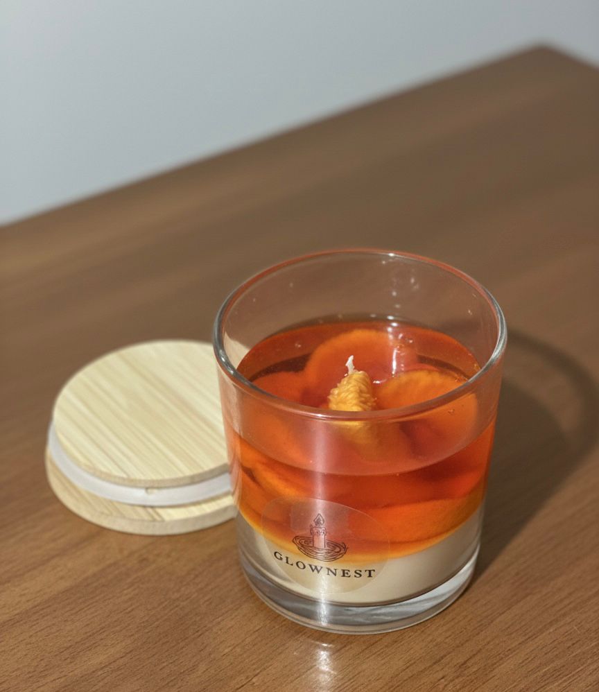1x 320 ml Orange Candle in Glass jar- Orange flavoured candle with orange shaped waxes on top