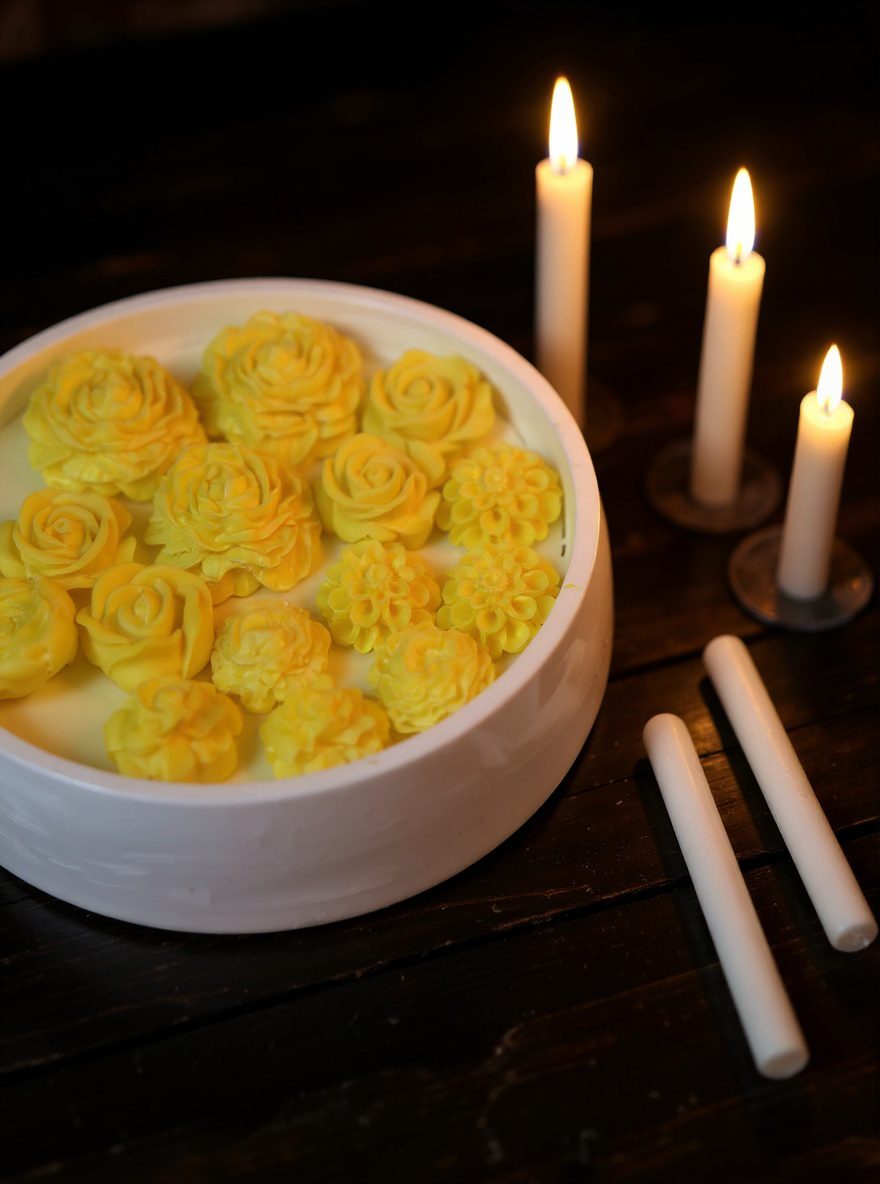 Grand Floral Medley Candle Bowl | Round Ceramic Dish | Abundant Rose & Dahlia Wax Embeds