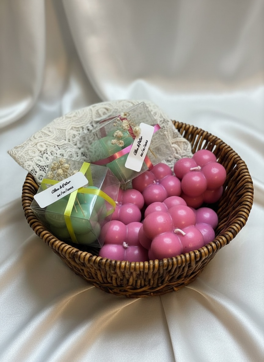 Handmade pink bubble cluster candles and two mint green sphere candles packaged in clear boxes with dried flowers and custom labels, all resting in a woven rustic basket on a white silk background. Perfect modern return gifts and wedding favors
