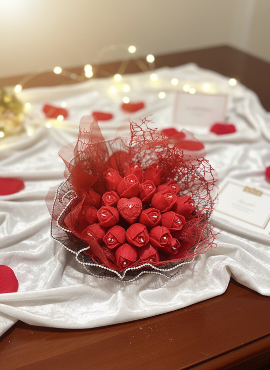 Romantic Valentine’s gift arrangement featuring a bouquet of red rose candles and a central heart candle, styled on white silk fabric with rose petals and fairy lights.