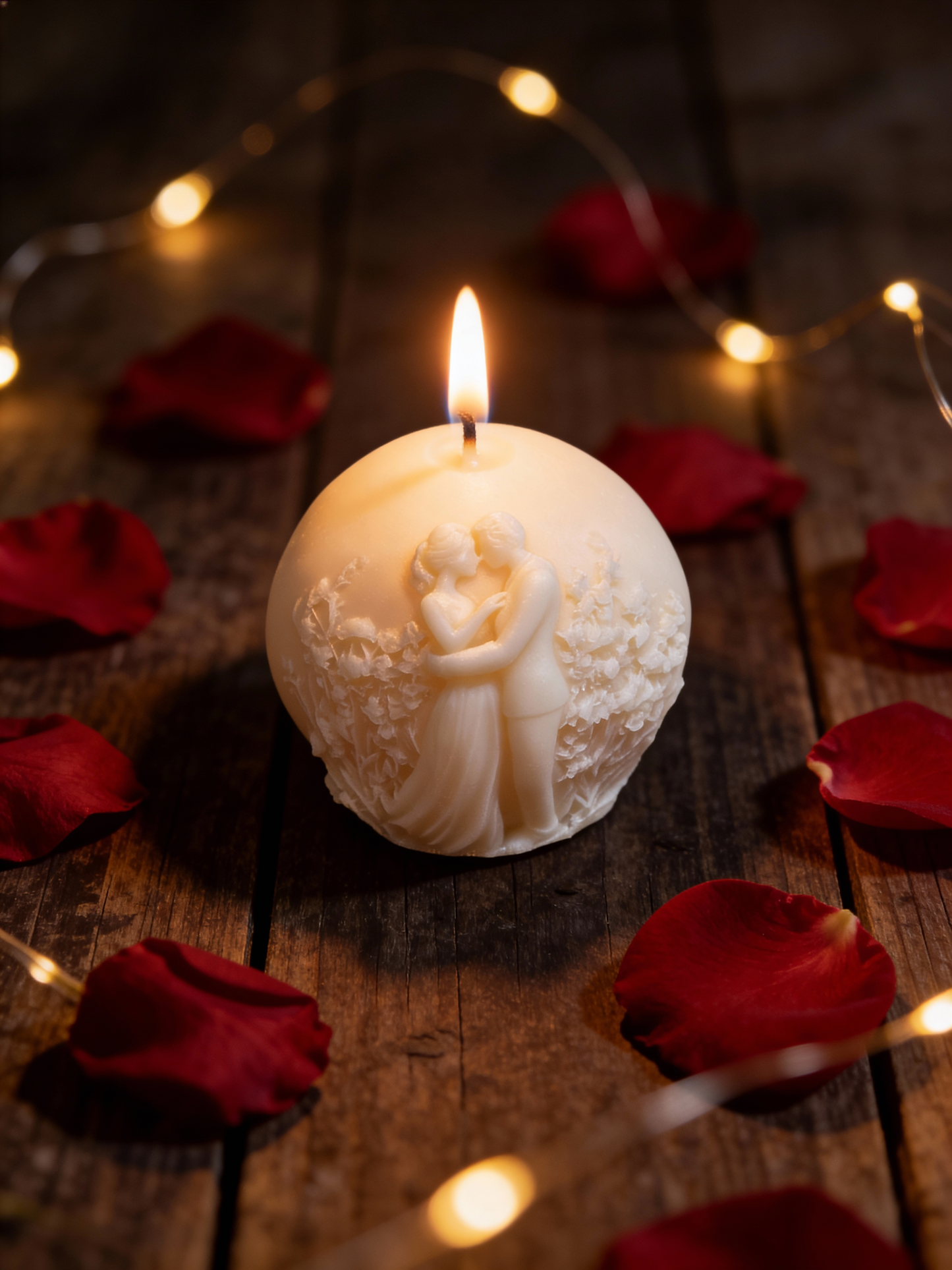 A lit ivory sphere candle with an intricate 3D relief carving of a romantic couple embracing, resting on a grey slate tile next to a white silk ribbon and a dried white rose