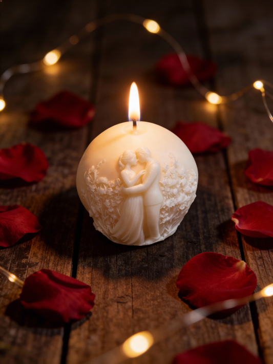 A lit ivory sphere candle with an intricate 3D relief carving of a romantic couple embracing, resting on a grey slate tile next to a white silk ribbon and a dried white rose