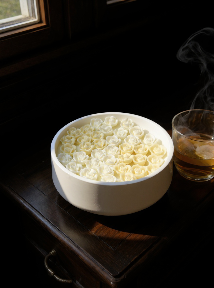 Elegant, white ceramic bowl candle showcasing the contrasting texture of white and soft yellow miniature wax roses, sitting on a dark wooden chest of drawers near a window with sheer curtains