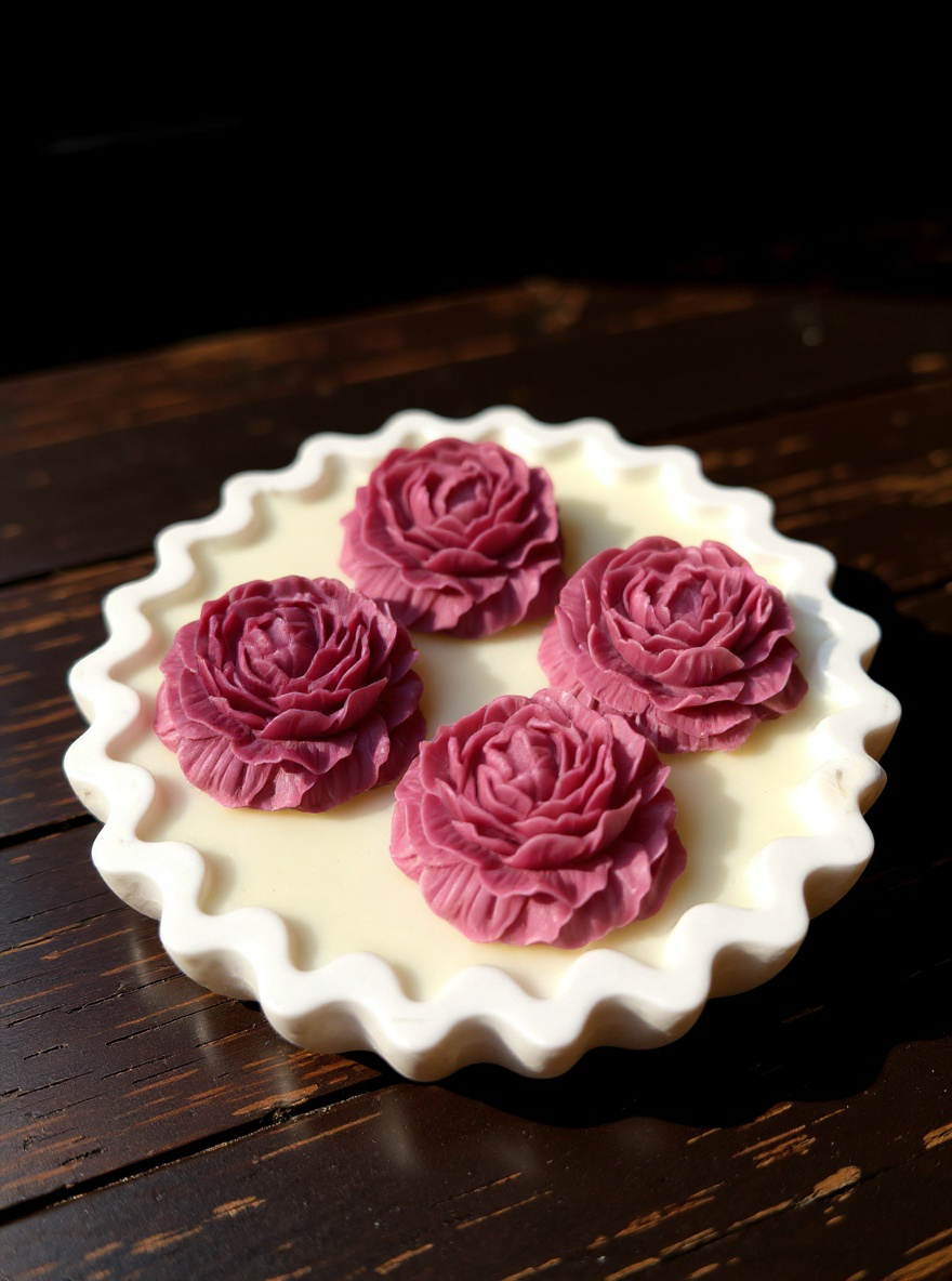 Unlit Scalloped Edge decorative candle with four deep berry-colored wax roses. Styled on a black slate surface next to a white towel. Luxury bathroom or vanity decor."