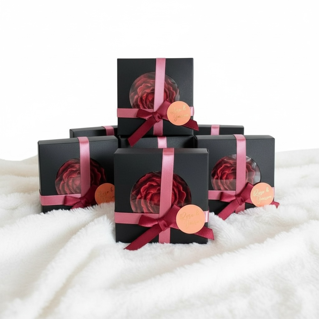 Group photo of five luxury rose/peony bloom candle favors, packaged in square matte black boxes with clear windows. Each box is tied with dusty rose and burgundy ribbon and sealed with a personalized round 'Rose & Jaison' sticker. The favors are artfully arranged on a soft, white furry blanket, ideal for wedding return gifts and party favors.