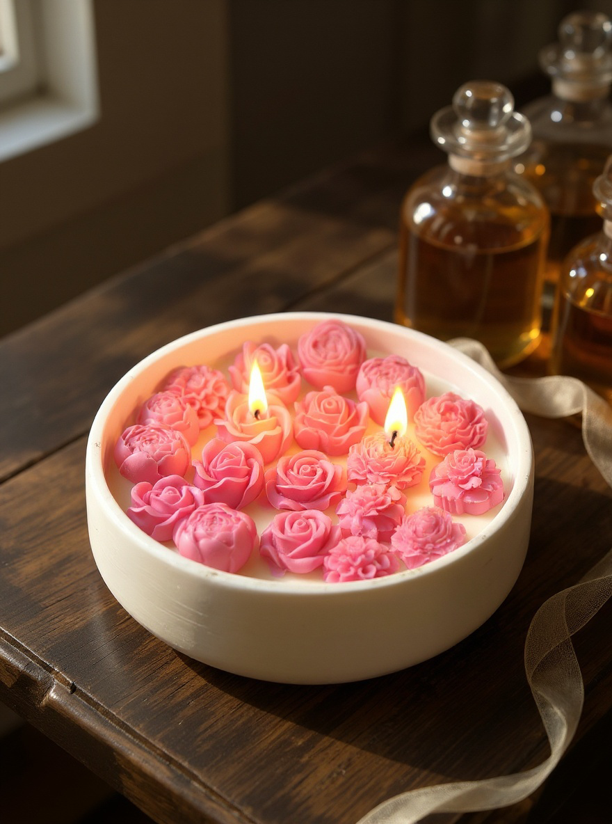 A wide, round white ceramic bowl candle filled with bright pink rose and dahlia wax embeds, lit with two wicks, sitting on a wooden surface with soft sunlight.