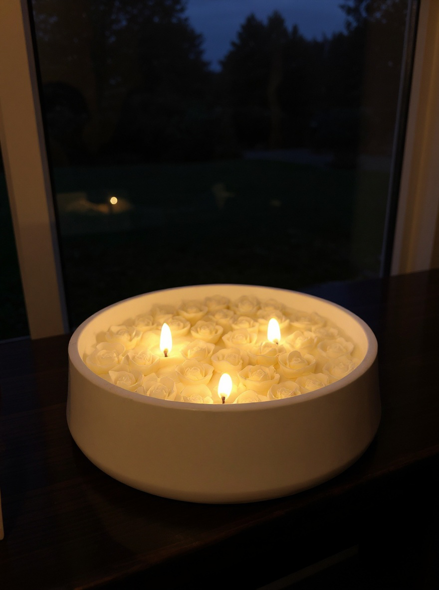Luxurious white ceramic bowl candle with three flickering wicks illuminating a surface of detailed, hand-poured wax roses against a dark, dramatic window background.