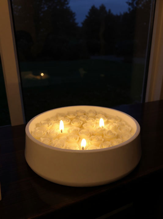 Luxurious white ceramic bowl candle with three flickering wicks illuminating a surface of detailed, hand-poured wax roses against a dark, dramatic window background.