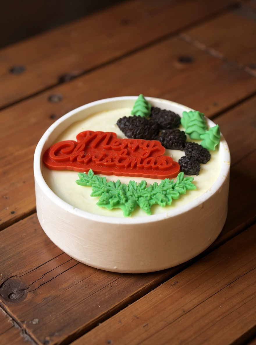 "Close-up of a white round Christmas candle on a dark wooden table, featuring a red 'Merry Christmas' wax inscription, green wax pine branches and trees, and dark brown wax pinecones on a creamy white wax base."