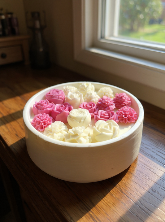 Artisanal floral candle in a white ceramic vessel, showcasing a mix of detailed pink and white wax roses and mums, placed by a sunlit window
