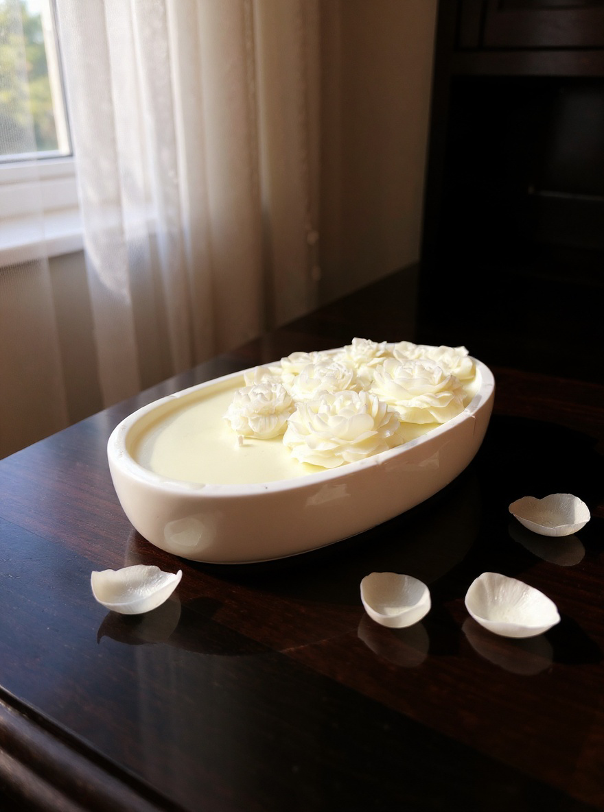 This luxury floral rose candle is a stunning piece of home decor, perfect for creating a relaxing atmosphere. Encased in a chic, oval ceramic dish, the candle features intricate, three-dimensional rose-shaped wax embeds (available in creamy white, vibrant pink, or deep burgundy) floating on a smooth pool of light-colored wax.