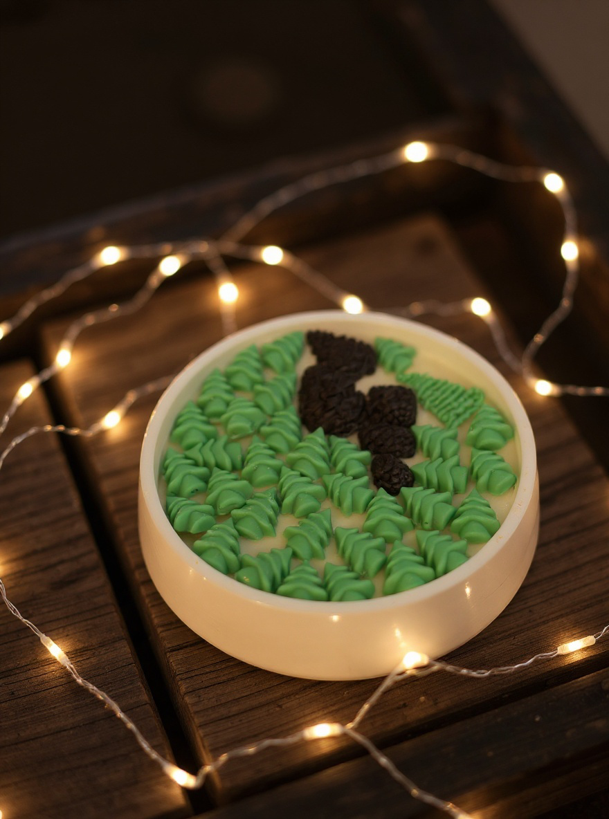Close-up of a round white candle decorated with green tree and dark brown pinecone-shaped wax melts, surrounded by warm fairy lights on a dark wooden surface, creating a cozy glo