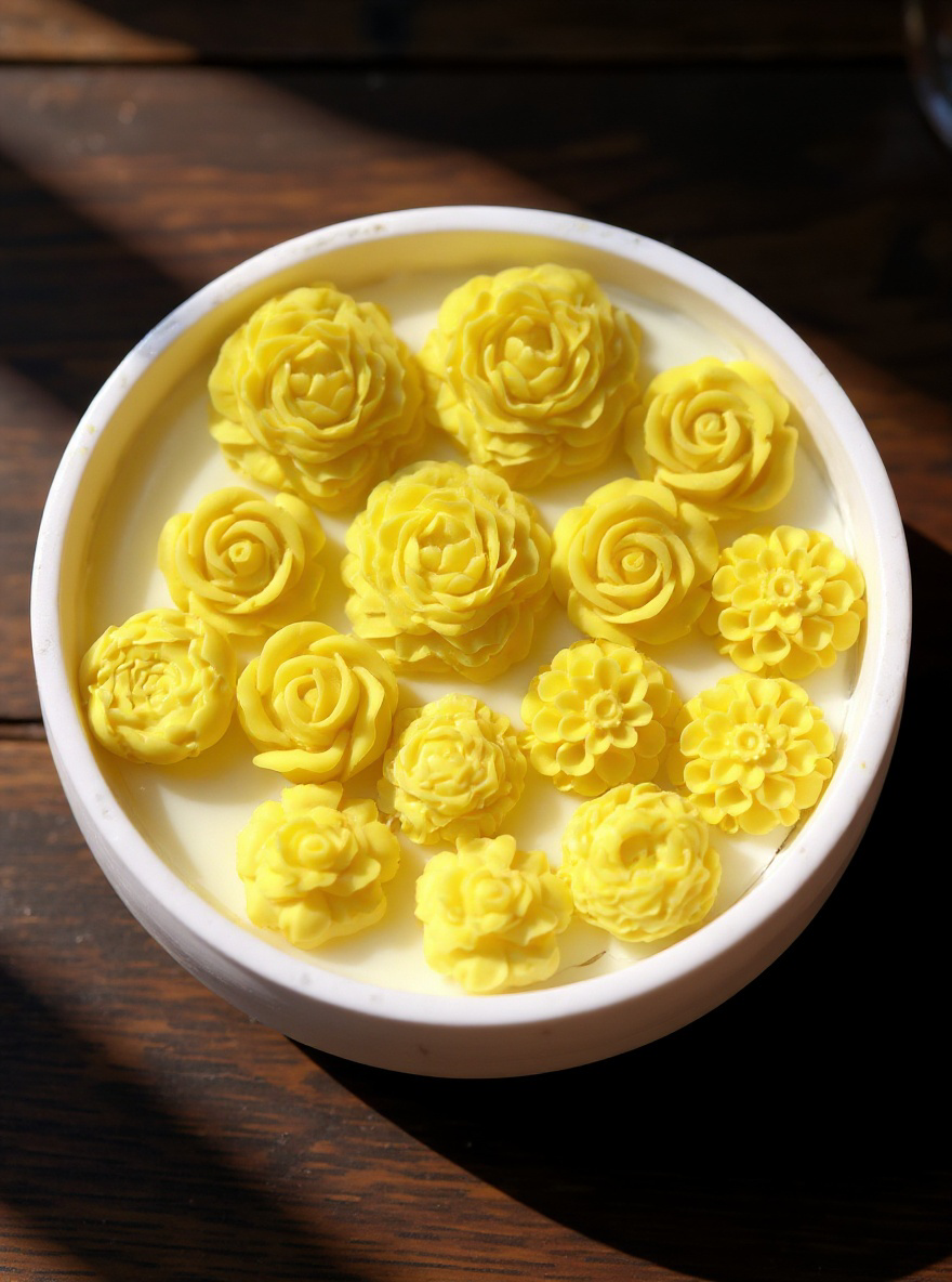 A wide, round white ceramic bowl candle filled with bright yellow rose and dahlia wax embeds, lit with two wicks, sitting on a wooden surface with soft sunlight.