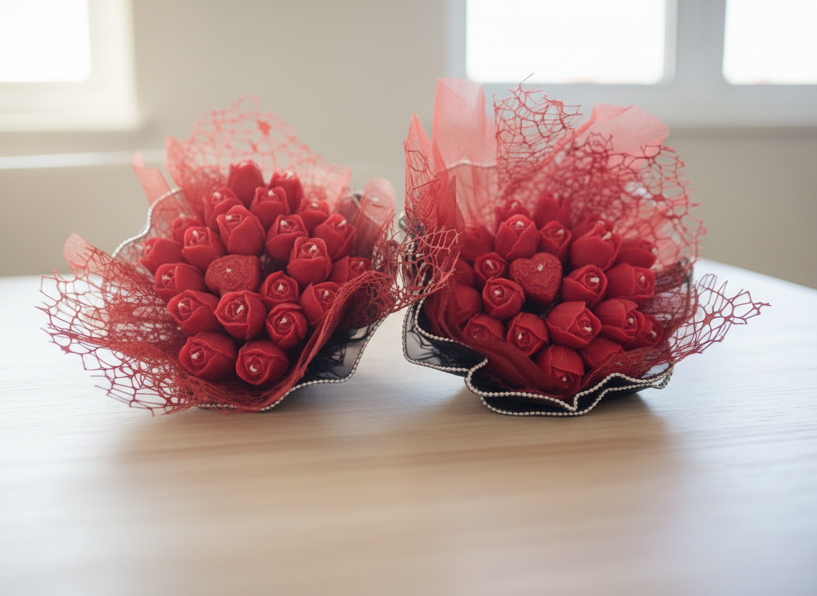 Pair of handcrafted red rose bud candle bouquets wrapped in delicate red mesh and black lace with pearl trim, displayed on a light wooden surface.