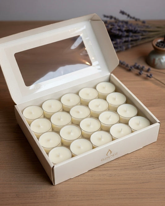 Premium Tea Lights: Long-lasting, clean-burning candles for instant home comfort. Perfect for relaxation & gifting. Get your GLOWNEST set today!