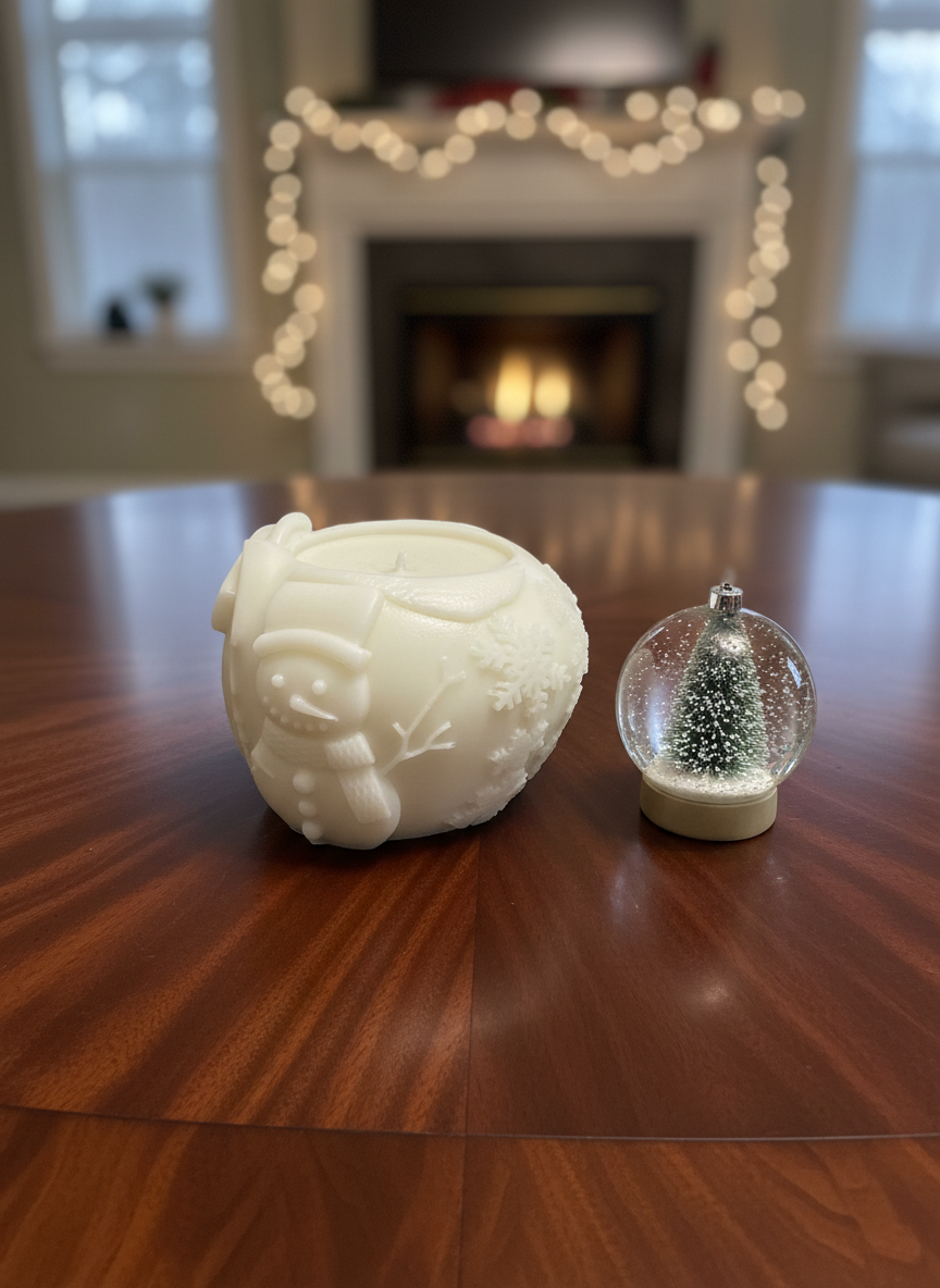 Close-up detail of the white Christmas candle showing the texture of the snowman's scarf and the intricate snowflake patterns embossed on the wax surface."