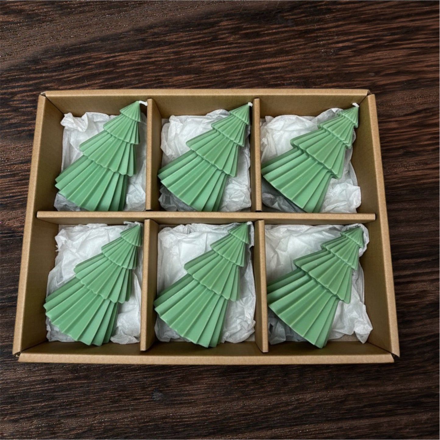 Set of 6 Mini Green Christmas Tree Candles - Rustic Holiday Gift Box, Stocking Stuffer