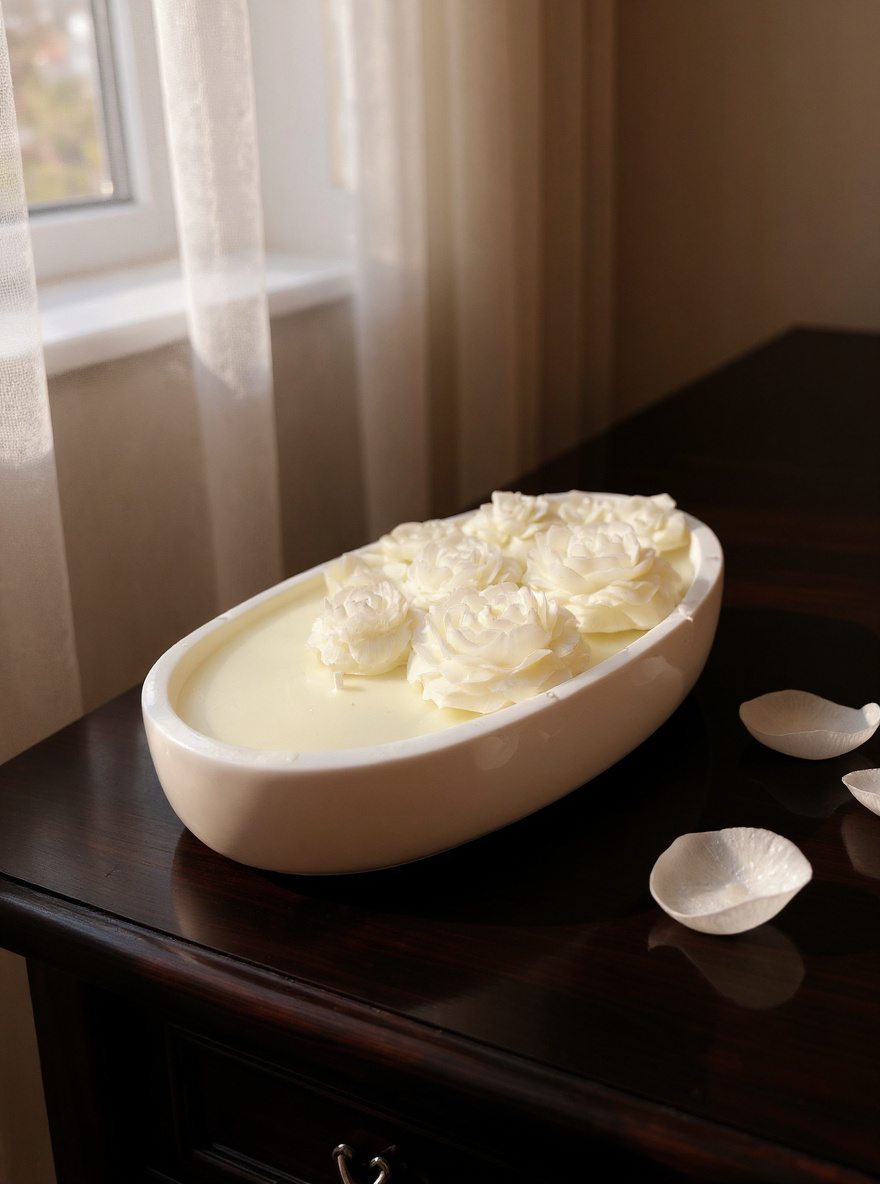 Luxury Floral Rose Candle in Ceramic Dish | Spa Decor | Rose Scented