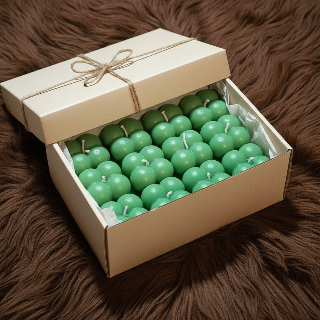 Box of green spherical candles on a brown textured surface