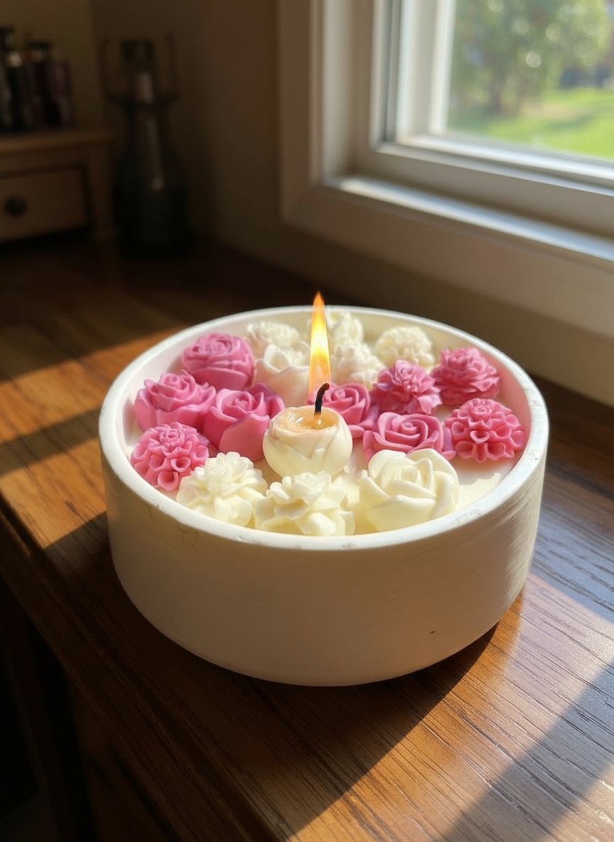 Large, round white ceramic bowl candle featuring a vibrant pattern of deep pink, blush pink, and creamy white miniature wax flowers, sitting on dark wood in bright sunlight