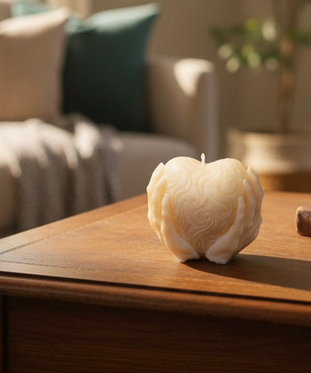 A cream-colored sculptural candle shaped like two hands cradling a heart with swirl patterns, sitting on a wooden coffee table in a sunlit living room.