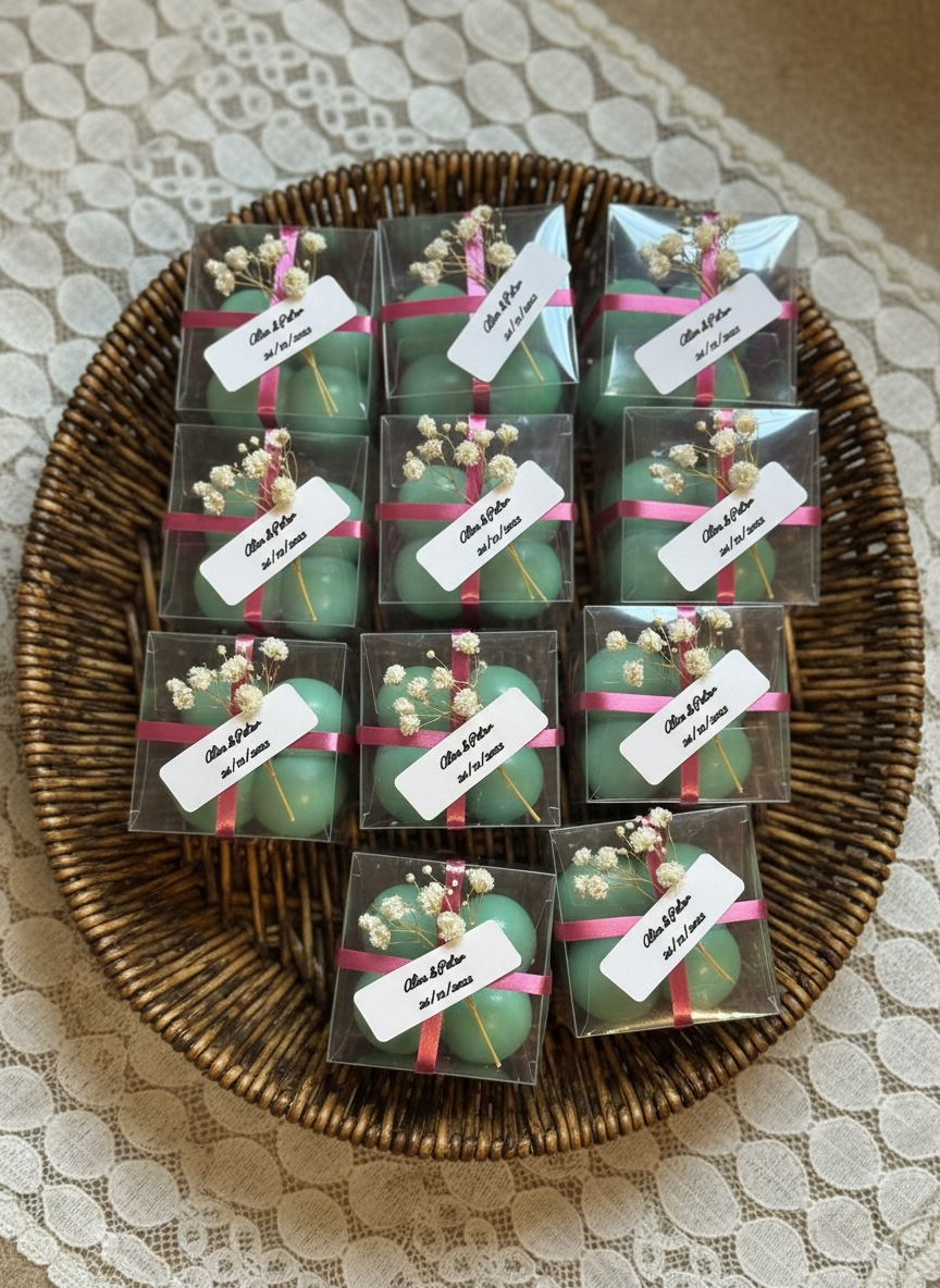 Display of ten individual mint green sphere candle favors in clear boxes with pink ribbon and dried floral accents, scattered elegantly across a rich, textured brown satin or silk fabric. High-end, personalized candle favors for a wedding or anniversary.