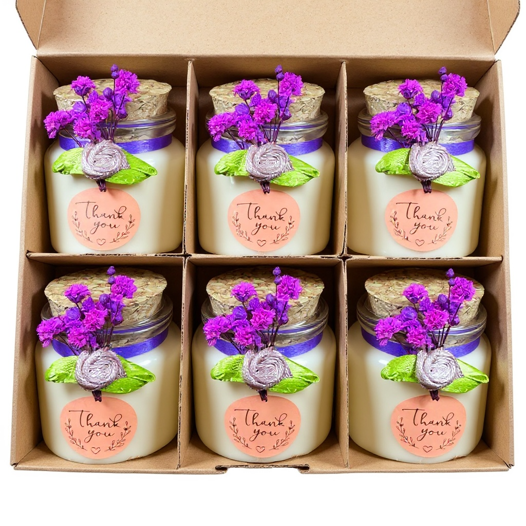 Top view of a kraft cardboard box containing six 50ml glass jar candle favors. Each candle is decorated with a purple ribbon, purple dried flowers, and a "Thank you" sticker, neatly partitioned in the box for easy gifting. Bulk packaging for return gifts.