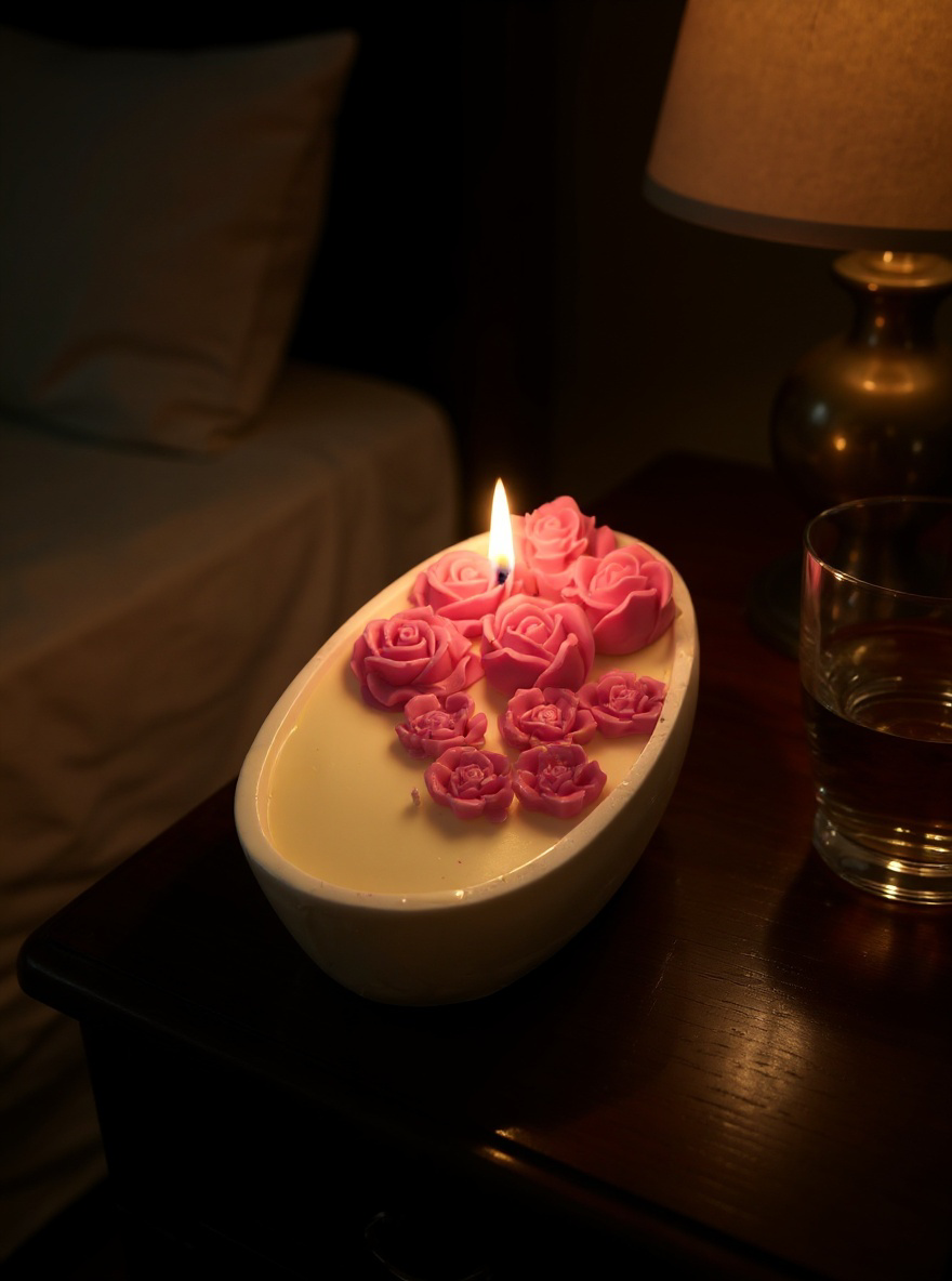Candle with pink rose designs on a table next to a glass and lamp.