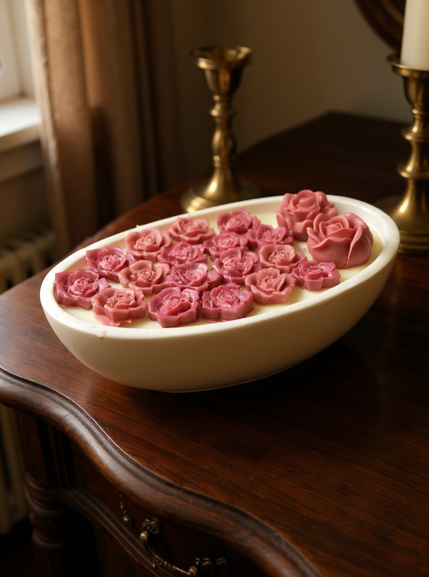 An elegant oval ceramic candle dish featuring numerous small dusty rose (mauve) wax embeds, lit with two wicks, set on a dark antique wooden dresser with brass candlesticks.