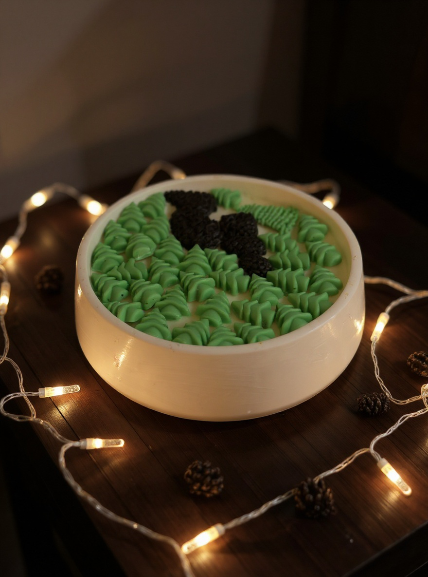 Close-up of a round white candle decorated with green tree and dark brown pinecone-shaped wax melts, surrounded by warm fairy lights on a dark wooden surface, creating a cozy glo