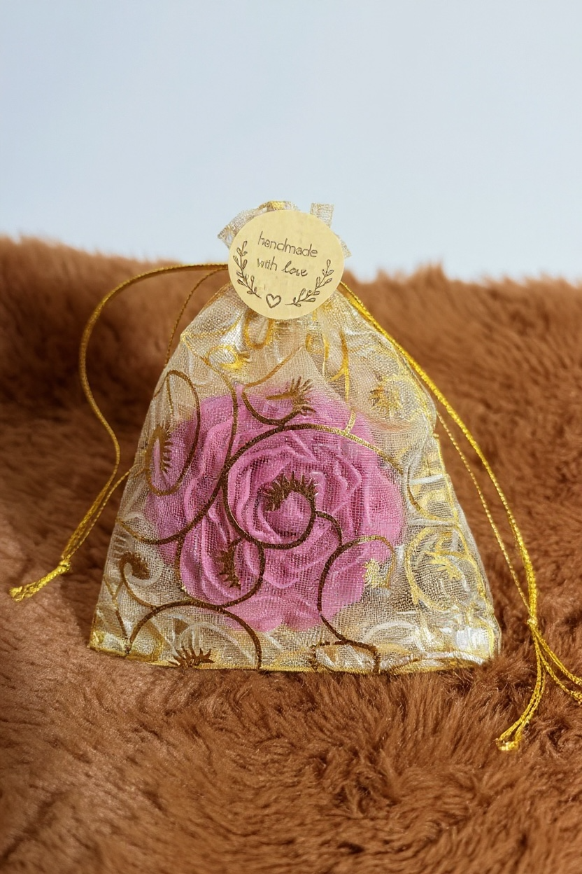 Close-up of a single handmade pink rose favor in a transparent gold organza pouch resting on a brown fur blanket. The favor has a circular "handmade with love" tag, ideal as a wedding return gift.