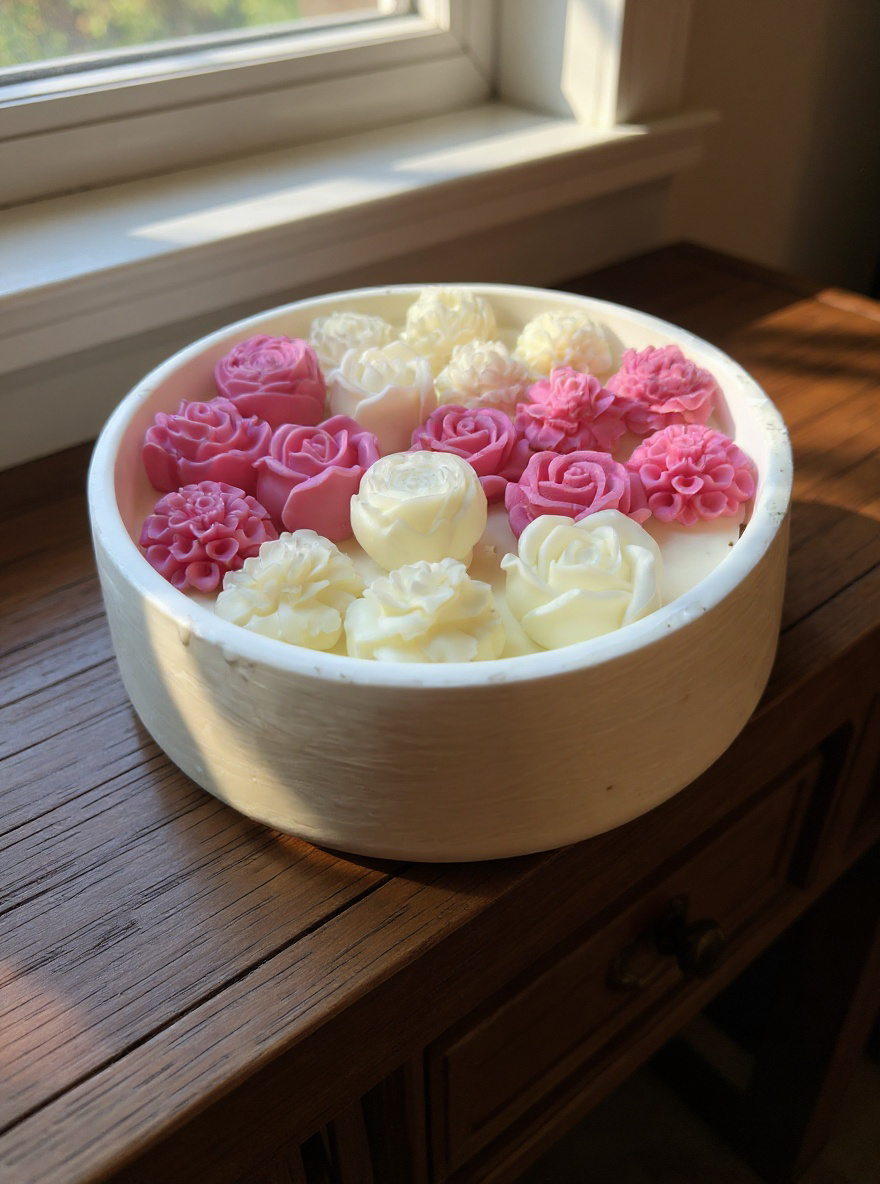 Artisanal floral candle in a white ceramic vessel, showcasing a mix of detailed pink and white wax roses and mums, placed by a sunlit window
