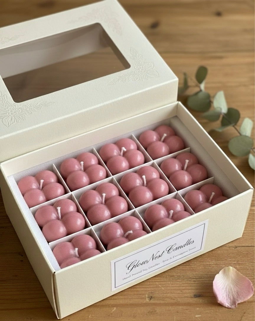 Box of pink candles with a visible brand label on a wooden surface.