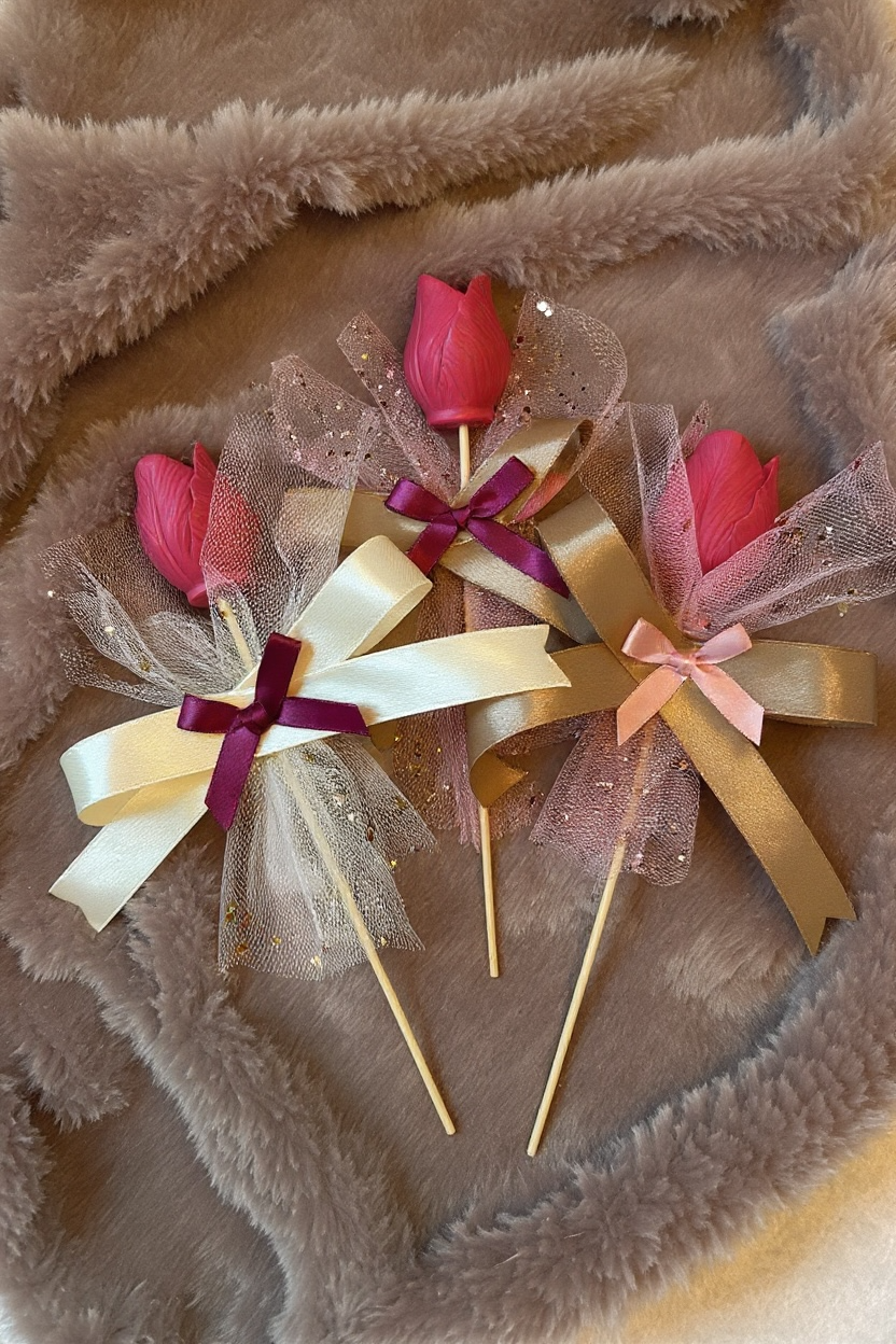 Three handmade tulip candle favors in pink/magenta, tied with ivory, gold, and burgundy satin ribbons and gold-flecked sheer tulle on a plush gray blanket. Ideal luxury wedding return gifts.