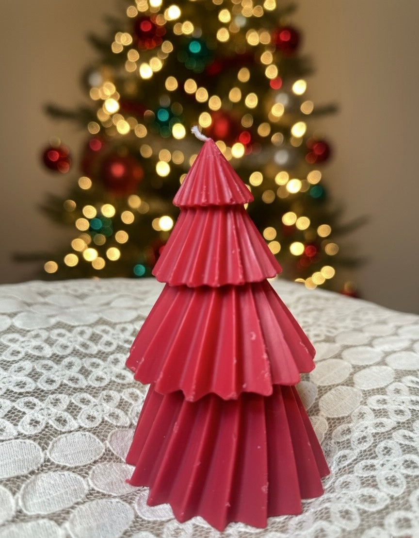 Festive Red Pine Tree Candle - Winter Holiday Table Centerpiece, Christmas Decor