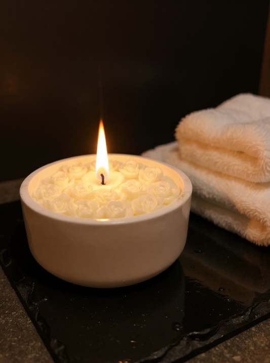 Lit Ivory Rose decorative candle in a white round ceramic bowl. Hand-poured soy wax centerpiece styled with soft white towels on a dark slate surface."
• Focus: Ivory, Lit
