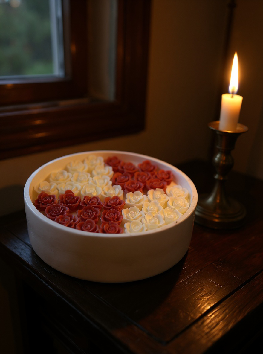 Artisan candle centerpiece with a surface covered in contrasting red and white wax flowers, suggesting a rich, romantic, or festive holiday theme