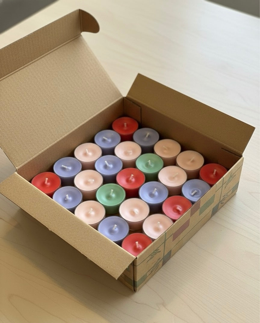Get the Pastel Harmony Scented Tea Light Candle Gift Set. A bulk pack of 36 beautifully colored tea lights in a decorative gold foil gift box. Perfect for ambiance & gifting.