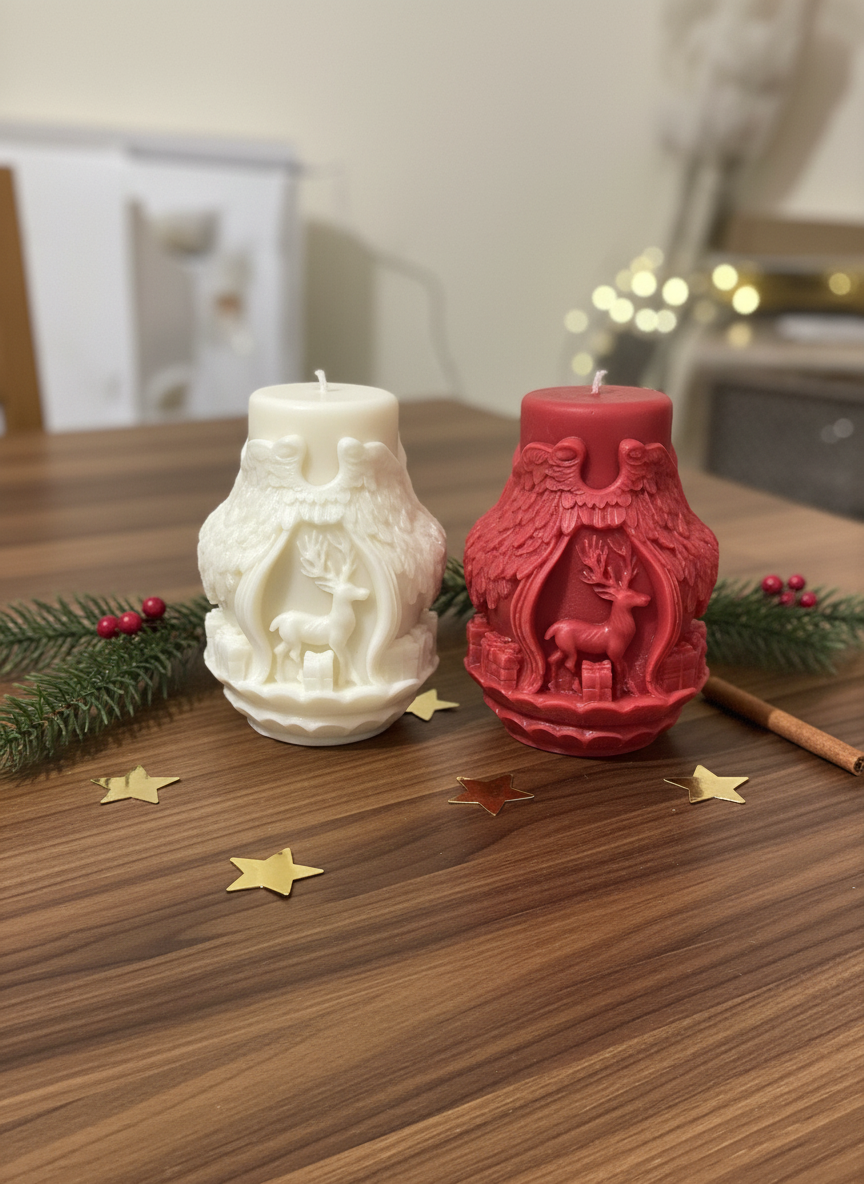 Two festive sculptural candles sitting side-by-side on a wooden surface. On the left is a cream-white candle, and on the right is a red candle, both featuring angel wings enclosing a reindeer. The scene is decorated with pine branches, gold stars, and a cinnamon stick.