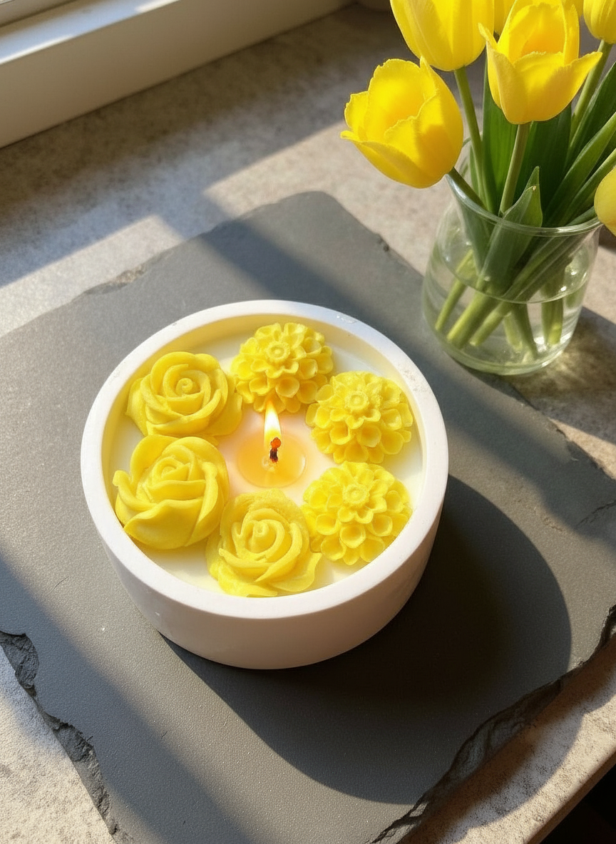 Close-up of the lit Sunshine Bouquet candle showing the single wick glowing among the yellow floral accents in the white soy wax dish. Luxury yellow flower centerpiece for spring home decor."
