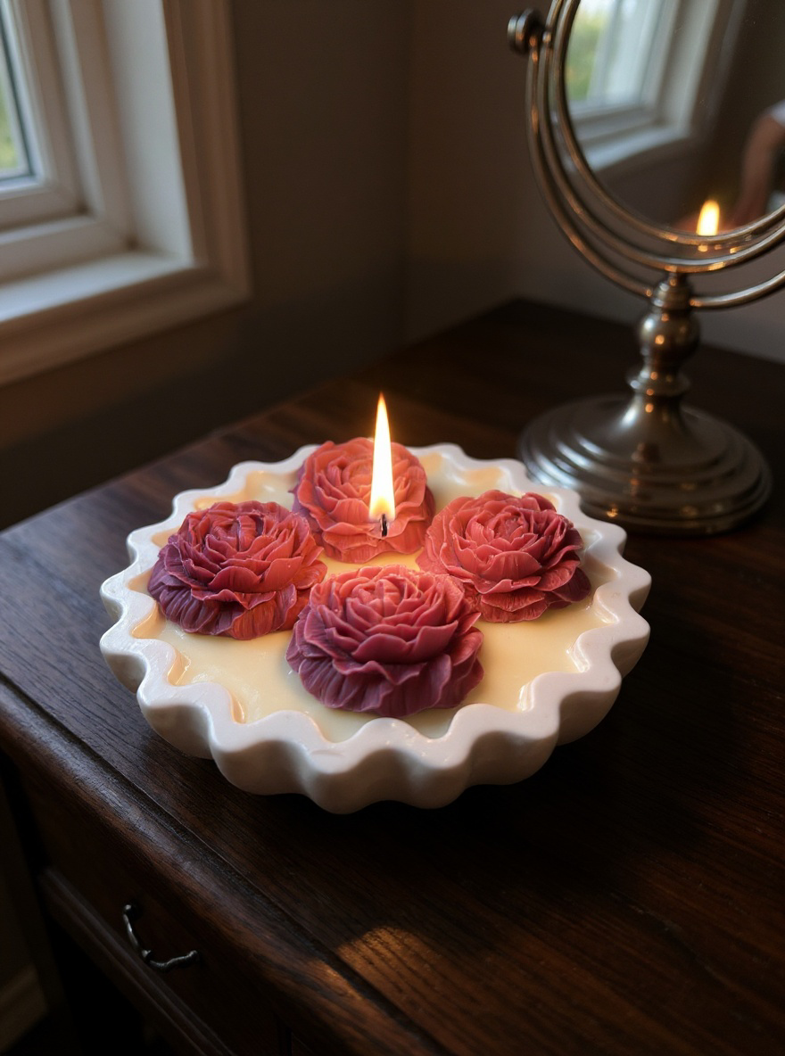 Lit Scalloped Edge floral candle showing a warm flame among four deep pink/coral wax roses. Elegant centerpiece for a vanity or bedroom dresser, near a mirror.