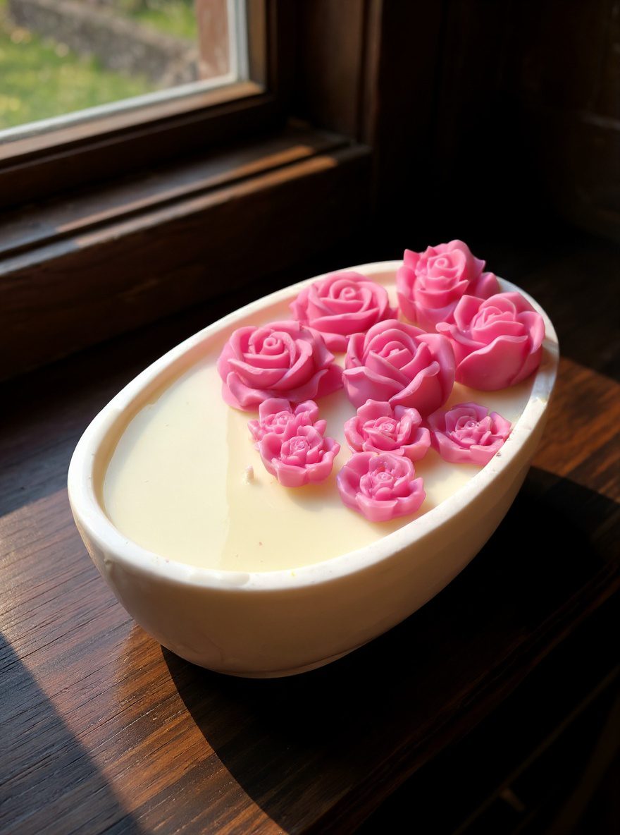 This luxury floral rose candle is a stunning piece of home decor, perfect for creating a relaxing atmosphere. Encased in a chic, oval ceramic dish, the candle features intricate, three-dimensional rose-shaped wax embeds (available in creamy white, vibrant pink, or deep burgundy) floating on a smooth pool of light-colored wax.