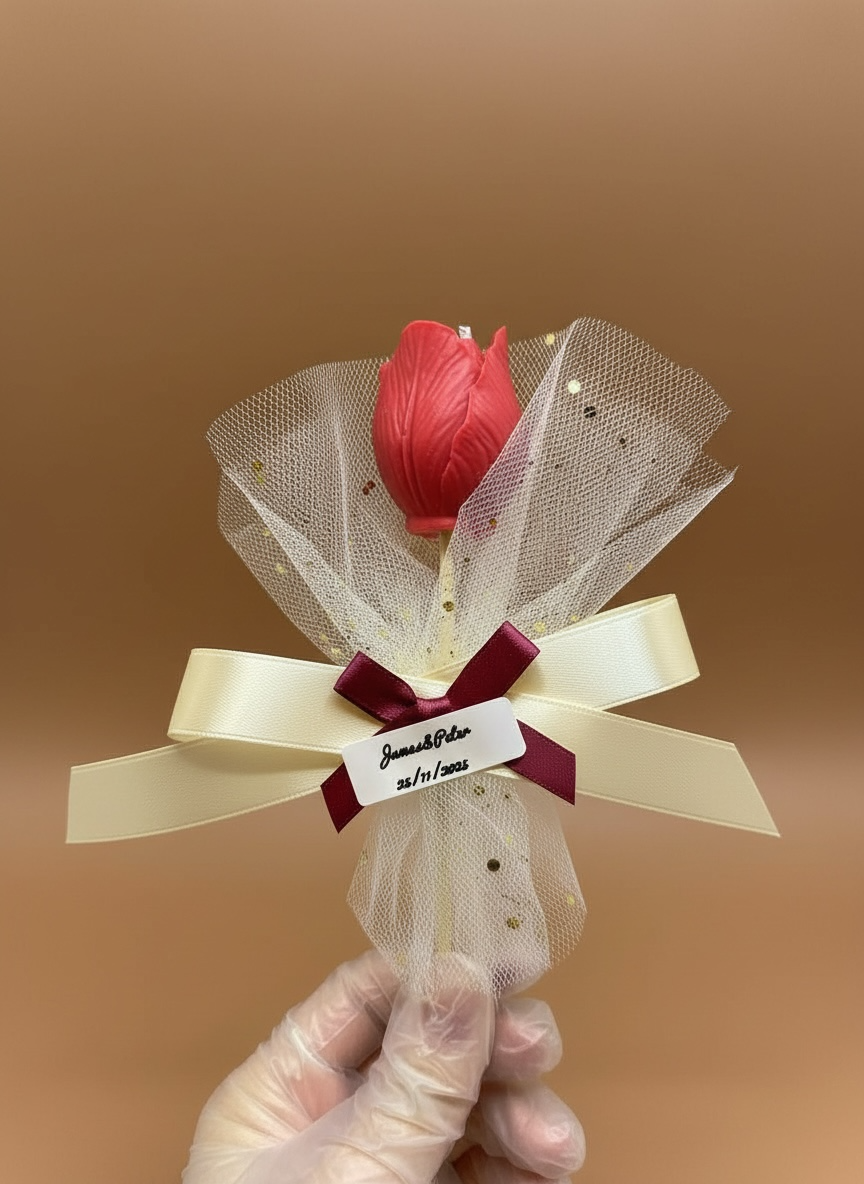 Close-up of a single red tulip candle favor held by a gloved hand. The candle is wrapped in white tulle and features a personalized tag with names and a date, secured by a burgundy bow. Personalized wedding/event keepsake candle.