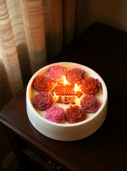 Homemade Personalized Birthday Flower Candle Gift of 22cm diameter | Elegant Floral Soy Wax Cake Candle | Custom Scented Luxury Décor