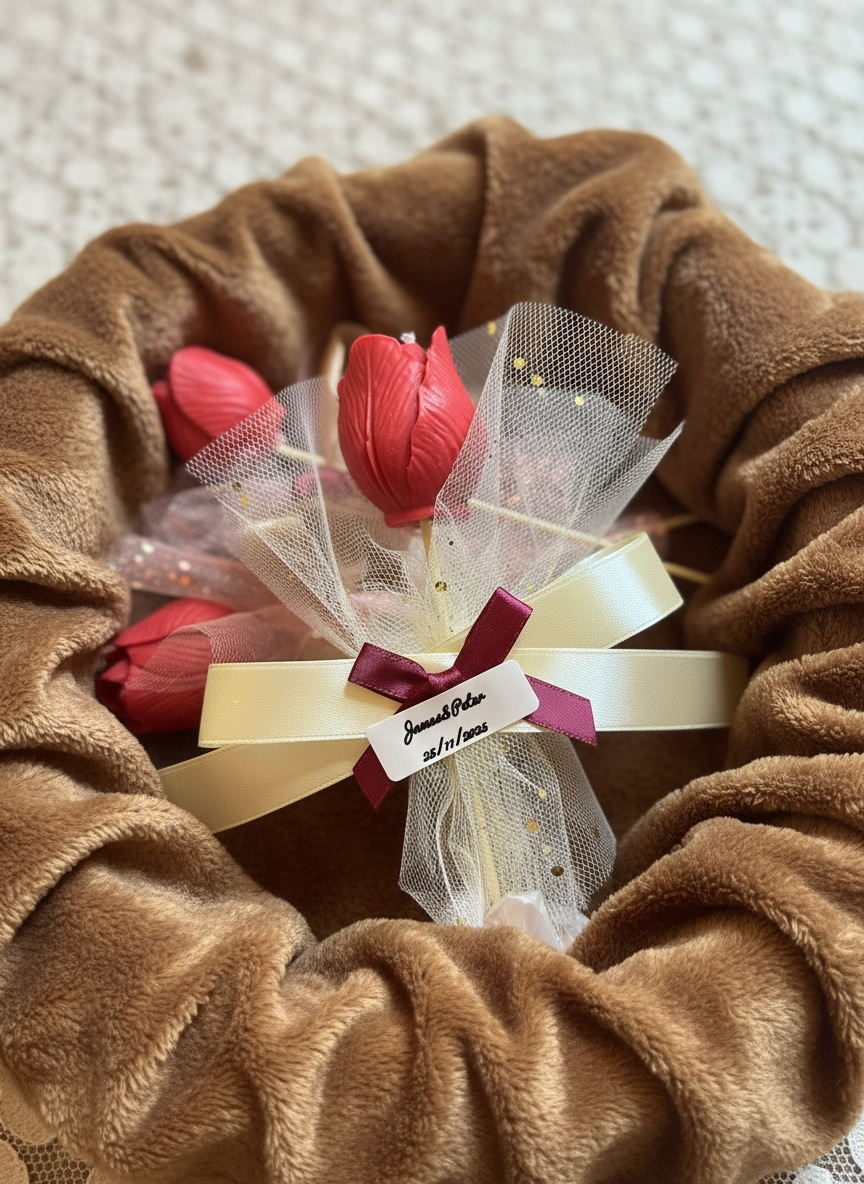 Red tulip candle return gift displayed in a plush brown basket. The candle is tied with an ivory ribbon and a personalized tag reading 'James & Peter 25/11/2025'. Elegant personalized party favors.